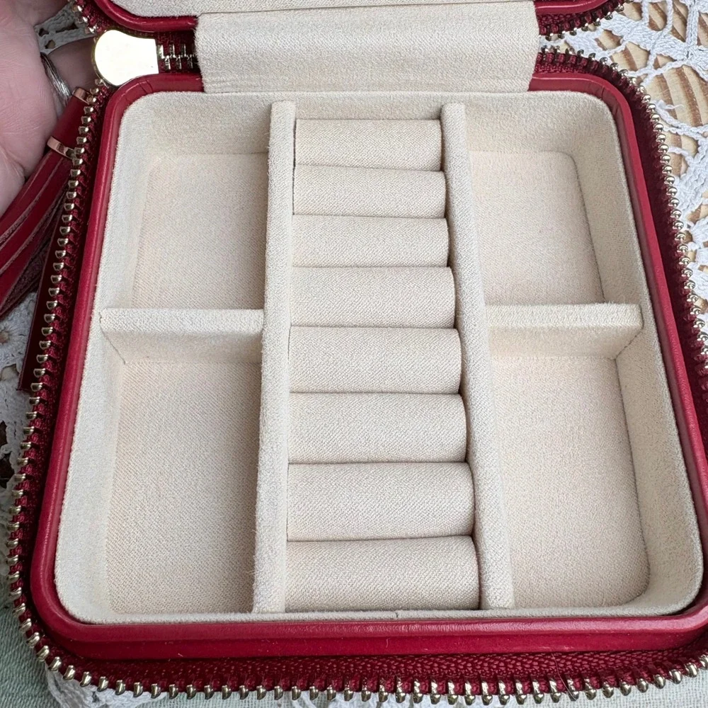 WOLF Red Square Jewelry Case Travel Organizer Quilted Tassel Leather
